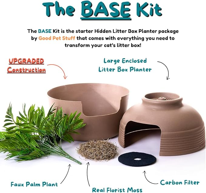 Good Pet Stuff Hidden Litter Box Planter, Decorative Cat Litter Enclosure with Carbon Filter & Faux Plant, Made in USA, Odor Control, Improved Design, NEW Round Style, Base Kit, Chestnut Brown