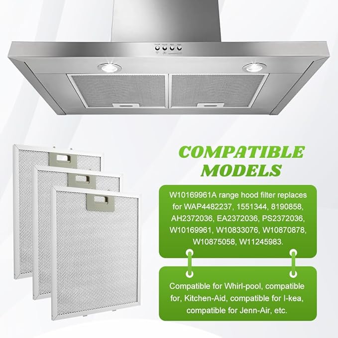 3pcs W10169961A 5 Layer Extractor Fan Silver Range Hood Filter, Aluminum Mesh Hood Grease Filter 10.5 x 12 Inch Fit for Whirlpool, Kitchen Aid, Range Hoods