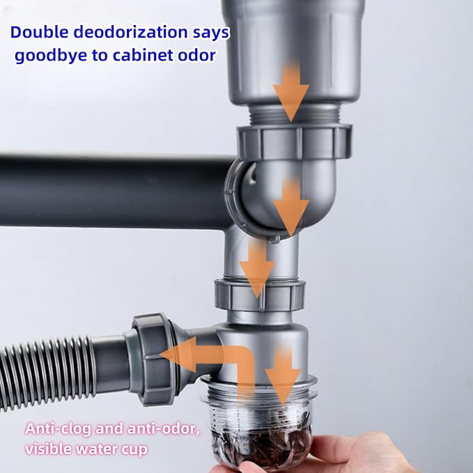 Double Sink Drain Kit Space Saving Kitchen Sink Drain Kit Expandable Flexible 1 1/2" P-Trap Pipe Comes with 4-Way Fitting Adapter for Water Filter and Dishwasher