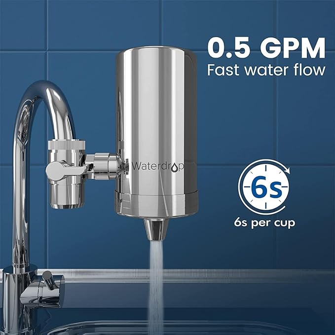 Waterdrop FC-06 Water Filter for Sink Faucet, 360° Rotating Stainless Steel, NSF Certified Water Purifier for Kitchen Sink, Reduce Chlorine, 12 Months Long Lasting Tap Faucet, 4 Filters