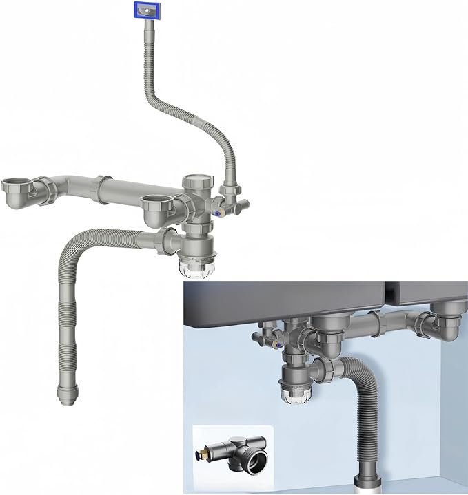 Double Sink Drain Kit Space Saving Kitchen Sink Drain Kit Expandable Flexible 1 1/2" P-Trap Pipe Comes with 4-Way Fitting Adapter for Water Filter and Dishwasher