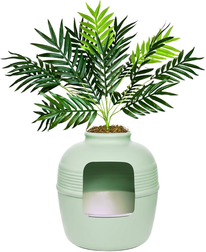 Good Pet Stuff Hidden Litter Box Planter, Decorative Cat Litter Enclosure with Carbon Filter & Faux Plant, Made in USA, Removable Liner, Odor Control, NEW Round Style, Essentials Kit, Sage Green