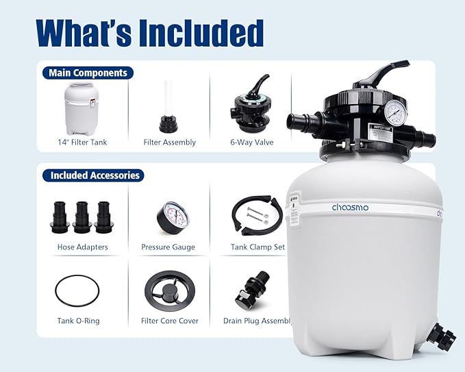 14 Inch Pool Sand Filter Tank Replacement Kit with 6-Way Multi-Port Valve and 1.25/1.5 in Hose Adapters for Compatible Above Ground Sand Filter Systems, Pump Not Included