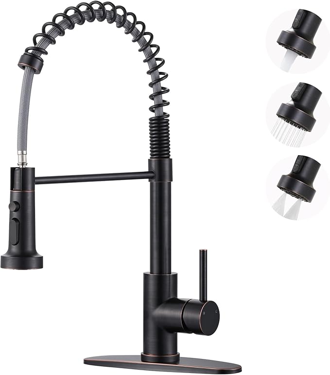 Kitchen Faucet with Pull Down Sprayer: Oil Rubbed Bronze 3-Function Kitchen Sink Faucets for 1 or 3 Hole - Stainless Steel Single Handle Spring Kitchen Faucets with Deck Plate for Farmhouse RV Laundry