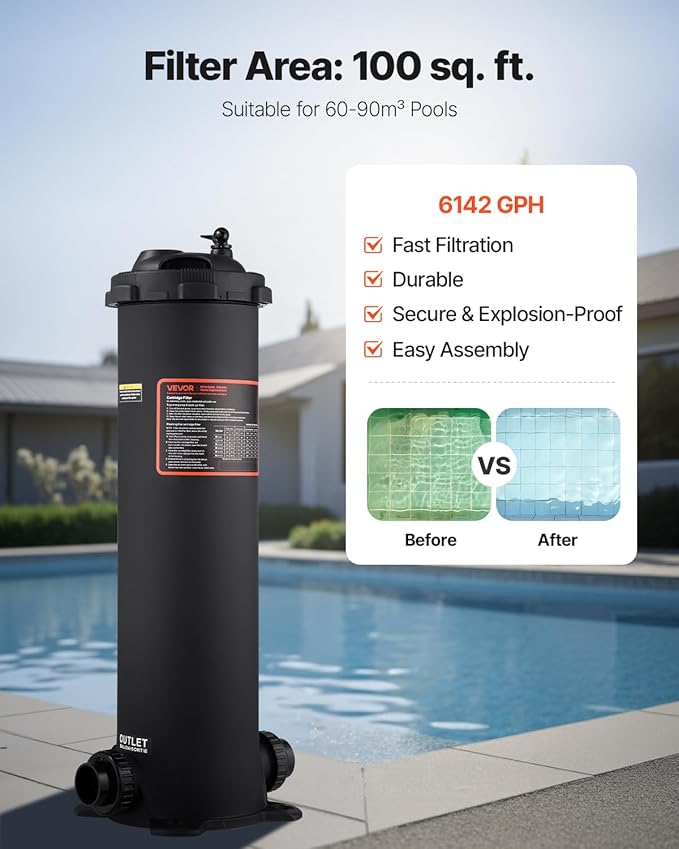 VEVOR 2026 Pro Pool Cartridge Filter System 100 Sq.Ft, Pool Filter for Inground & Above Ground Pools, Compatible W/Pumps 1/2HP~1HP | Up to 6142 GPH Max Flow, Pool Filters for Pools Up to 23775 Gallons