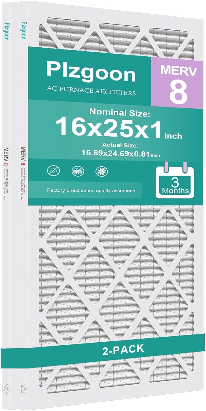 16x25x1 Air Filter MERV 8 MPR 600 (2 Pack) Pleated HVAC Furnace Filters for Home Air Conditioner AC Heating System (Exact Dimensions: 15.75"L x 24.75"W x 0.75"Th)