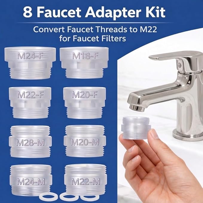 8 Pieces Faucet Adapters Kit, Bathroom& Kitchen Sink Aerator Adapters, BPA-Free ABS，Compatible with many popular faucet filter systems such as PUR, BRITA and similar brands