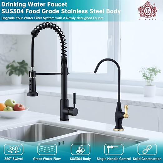 Sink Drinking Water Faucet, Stainless Steel Sink Water Filter System, Suitable for Most Reverse Osmosis or Water Filtration Systems, Reverse Osmosis Faucet for Kitchen Bar, Black+Brushed Gold