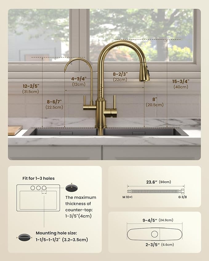 APPASO Kitchen Faucet with Water Filter (Without Water Filtration Device), 2 Handle 3 Way Gold Kitchen Sink Faucet, High Arch 3 Hole Kitchen Faucet with Pull Down Sprayer - 3 in 1 Faucet