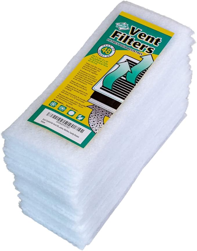 Dust Control Vent Filters - Pack of 48 | Traps Dirt, Dust, Smoke, Pollen Size Particles | Provides Fresh, Filtered Air for Bathrooms, Bedrooms, Kitchen, Family Rooms.