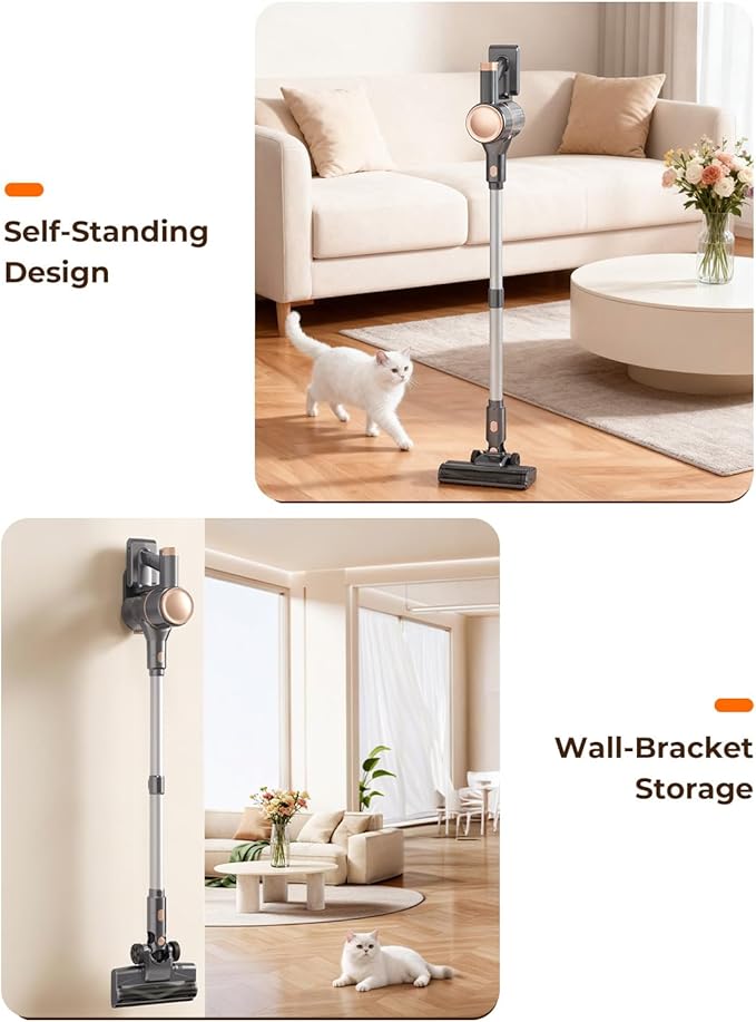 UML0 N8 Cordless Vacuum Cleaner,Lightweight Stick Vacuum with Powerful Suction,2200mAh Battery,40 Mins Runtime, Self-Standing,Rechargeable Vacuum Cleaners for Home Hardwood Floor Pet Hair (Champagne)