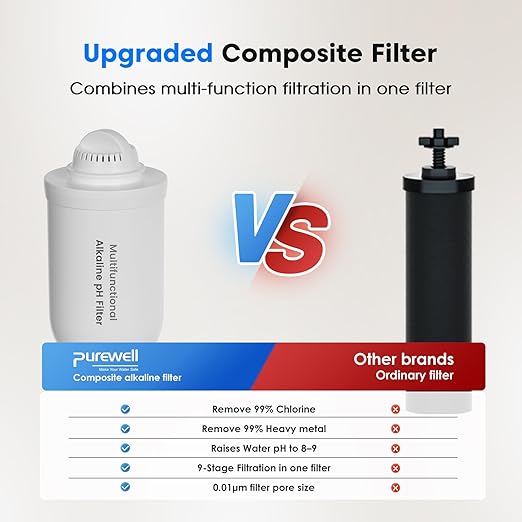 Purewell Upgraded 9-Stage Gravity Water Filter System with Water Level Window, 0.01μm Ultra-Filtration Countertop System with 2 Filters and Stand, pH 8-9, Reduce 99% Chlorine, BO-PH-2.25G