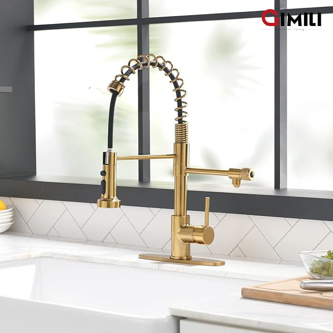 GIMILI Brushed Gold Drinking Water Faucet 3 in1 Commercial Style Pull-Down Single Handle Filter Kitchen Faucet for Water Filtration System,Without Water Filtration Device