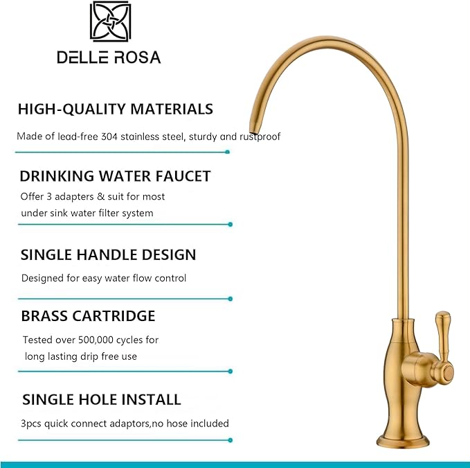 Delle Rosa Brushed Gold Drinking Water Faucet, Commercial Water Filtration Faucet for Under Sink Water Filter System,Stainless Steel Drinking Water Purifier Faucets,Brushed Gold(Deep Gold)