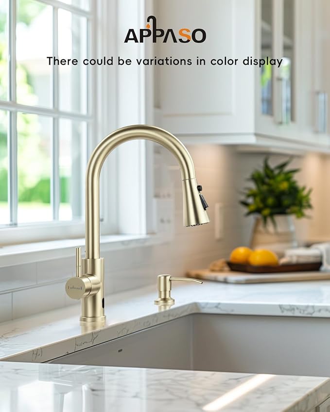 APPASO Gold Kitchen Faucet Touchless, CUPC-Certified Hoses, Lead-Free Motion Sensor Sink Faucets with Soap Dispenser and Pull Down Sprayer, Hands Free Faucets for 1 to 4 Holes Sink with Deck Plate