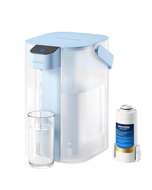 Waterdrop ED01LB Electric Water Filter Pitcher, Reduce 99.6% of Lead and 45+ Impurities, 15-Cup 200-Gallon Capacity, Rechargeable Dispenser, NSF/ANSI 42&53&401&372, Does not Lower TDS, Light Blue