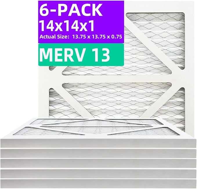14x14x1 MERV 13 (6-Pack) Pleated Air Filter (Actual Size: 13.75"x13.75"x0.75") MPR 1900 & FPR 10, Furnace Air Filters