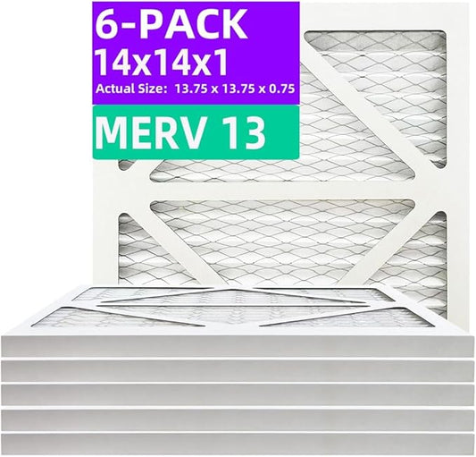 14x14x1 MERV 13 (6-Pack) Pleated Air Filter (Actual Size: 13.75"x13.75"x0.75") MPR 1900 & FPR 10, Furnace Air Filters