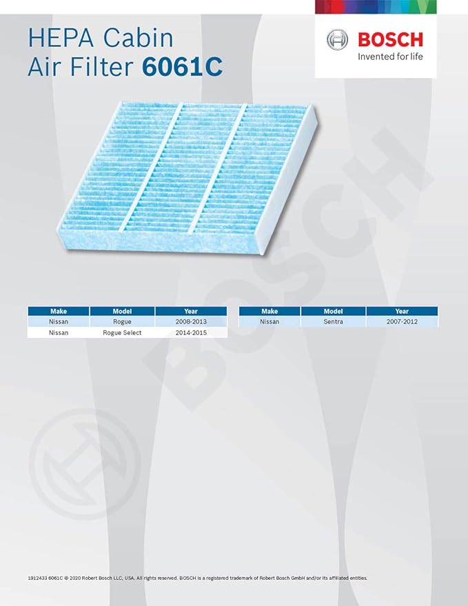 BOSCH 6061C HEPA Cabin Air Filter - Compatible with Select Nissan Rogue, Sentra (Pack of 3)