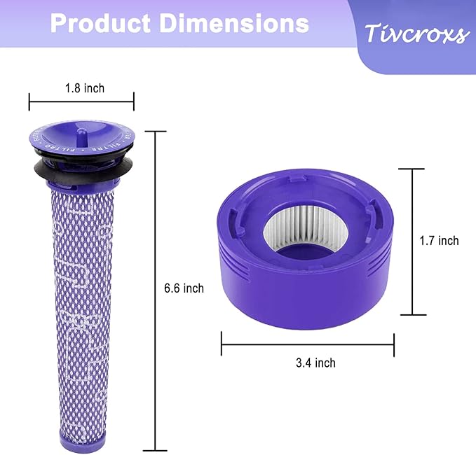 4 Pack V8 Vacuum Filters Replacement Kit Compatible with Dyson V7, V8 Animal and Absolute Vacuum, Compare to Part 965661-01 and 967478-01, 2 Pre-Filters, 2 Post-Filters