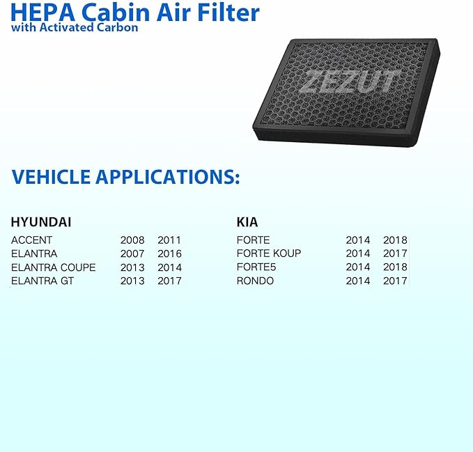 Cabin Air Filter, for Hyundai 2008-2011 Accent, 2007-2016 Elantra, 2014-2018 Kia Forte, 2014-2017 Forte Koup, 2014-2018 Forte5, Honeycomb Structure and Activated Carbon (CF10728)
