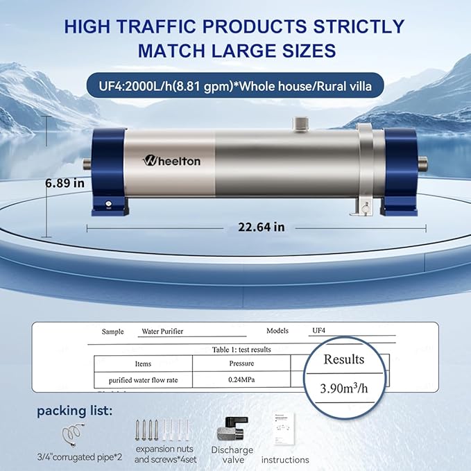 0.01 Micron Whole House Water Filter System, Ultrafiltration Water Filtration System with 3-5 Year Lifespan, Pre-Filtration Sediment Filter for Well & City Water (8.8 GPM / 52,834 GL) - UF4