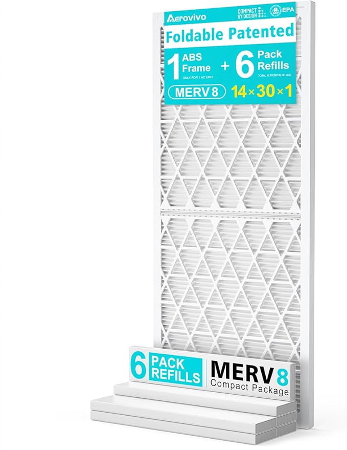 14x30x1 Refillable Air Filter Kit, MERV 8, 1 Reusable Foldable Frame ＆ 6 Refills, Fits Most AC HVAC Furnace Devices, Actual Size 13.75x29.75x0.75in
