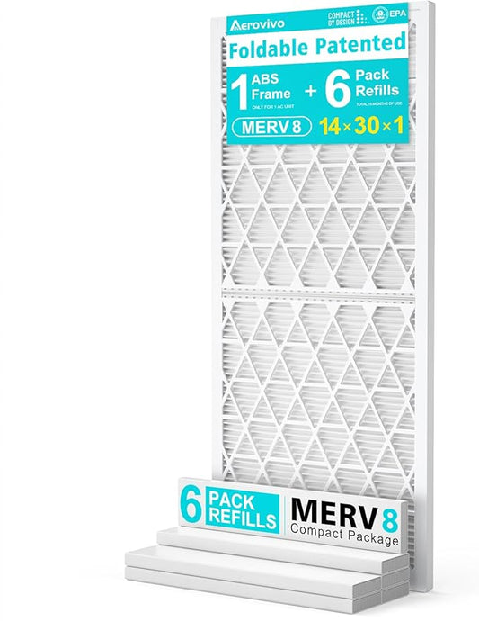 14x30x1 Refillable Air Filter Kit, MERV 8, 1 Reusable Foldable Frame ＆ 6 Refills, Fits Most AC HVAC Furnace Devices, Actual Size 13.75x29.75x0.75in