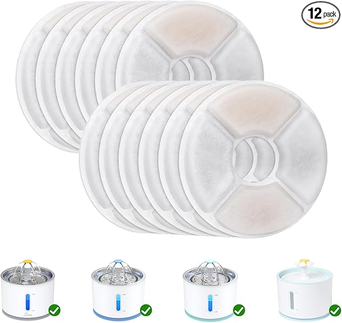 Wonder Creature Cat Water Fountain Filter Replacement, 6/8/12/16/8+4 Pack, Round Carbon Filters for 81oz/2.4L Stainless Steel Top Automatic Pet Fountain (12 Pack)