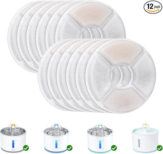 Wonder Creature Cat Water Fountain Filter Replacement, 6/8/12/16/8+4 Pack, Round Carbon Filters for 81oz/2.4L Stainless Steel Top Automatic Pet Fountain (12 Pack)