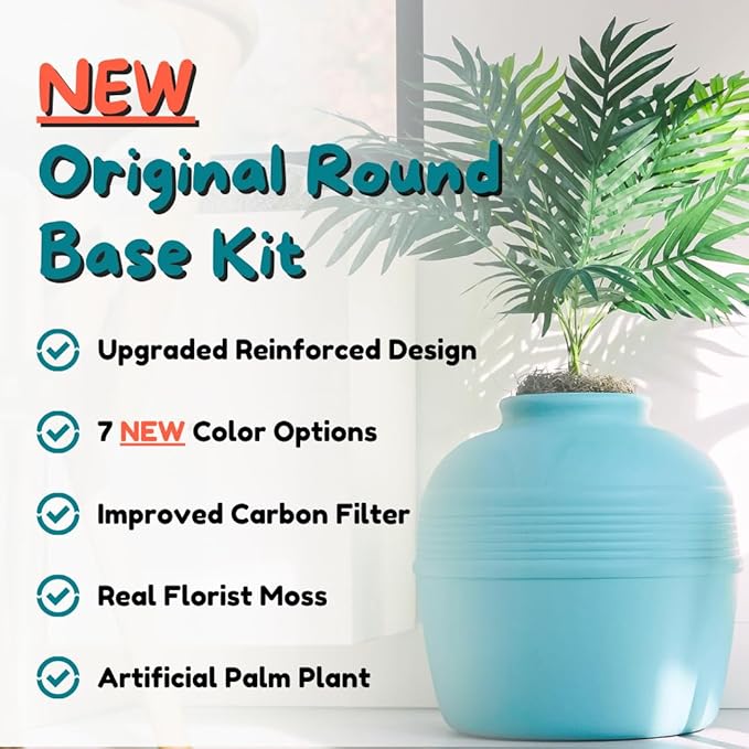 Good Pet Stuff Hidden Litter Box Planter, Decorative Cat Litter Enclosure with Carbon Filter & Faux Plant, Made in USA, Odor Control, Improved Design, NEW Round Style, Base Kit, Coastal Blue