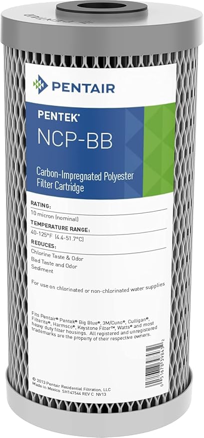 Pentair Pentek NCP-BB Big Blue Carbon Water Filter, 10-Inch, Whole House Pleated Carbon-Impregnated Polyester Cartridge, 10" x 4.5", 10 Micron, Sediment and Chlorine Reduction