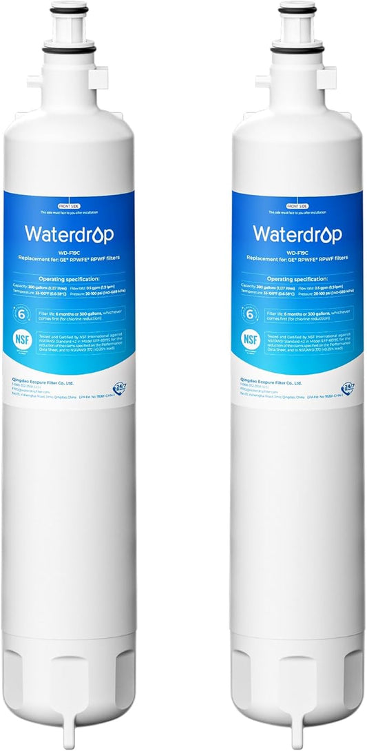 Waterdrop WD-F19C Replacement for GE® RPWFE®, RPWF (Built-in CHIP) Refrigerator Water Filter, Compatible with GFE28GYNFS, GFE28GELDS, PFE28KELDS, PFE28KYNFS, GFD28GELDS, PWE23KELDS, 2 Filters
