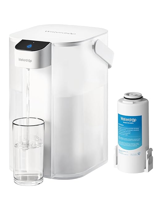 Waterdrop ED61W Water Filter Dispenser, 200-Gallon Rechargeable Water Pitcher, Instant 15-Cup Countertop System, 10X Filtration Efficiency, Reduce 98% Chlorine and 20+ Contaminants, White