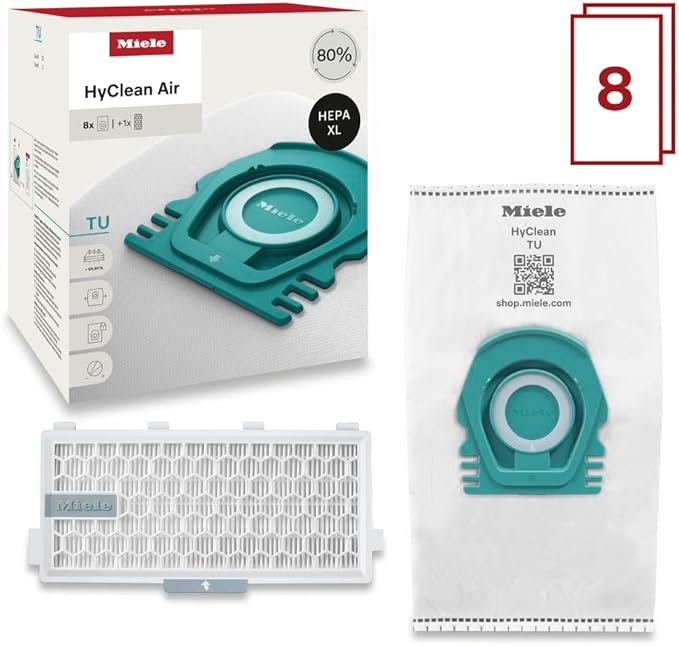 Miele HyClean Air TU Vacuum Cleaner Bags for Miele Guard L1 Vacuum Cleaners, Allergy XL Pack of 8 Vacuum Bags and 1 SF-HA 50 HEPA AirClean Filter – 12909770
