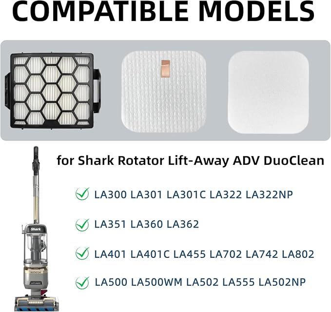 LA300, LA401, LA455 Filter Replacement for Shark LA502, LA500, LA301, LA555 Rotator Navigator Lift-Away ADV DuoClean PowerFins Upright Vacuum - Improve Suction Filters Set for Pet Hair, Dirt, Dust