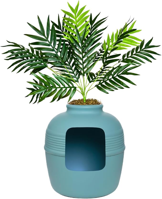 Good Pet Stuff Hidden Litter Box Planter, Decorative Cat Litter Enclosure with Carbon Filter & Faux Plant, Made in USA, Odor Control, Improved Design, NEW Round Style, Base Kit, Coastal Blue