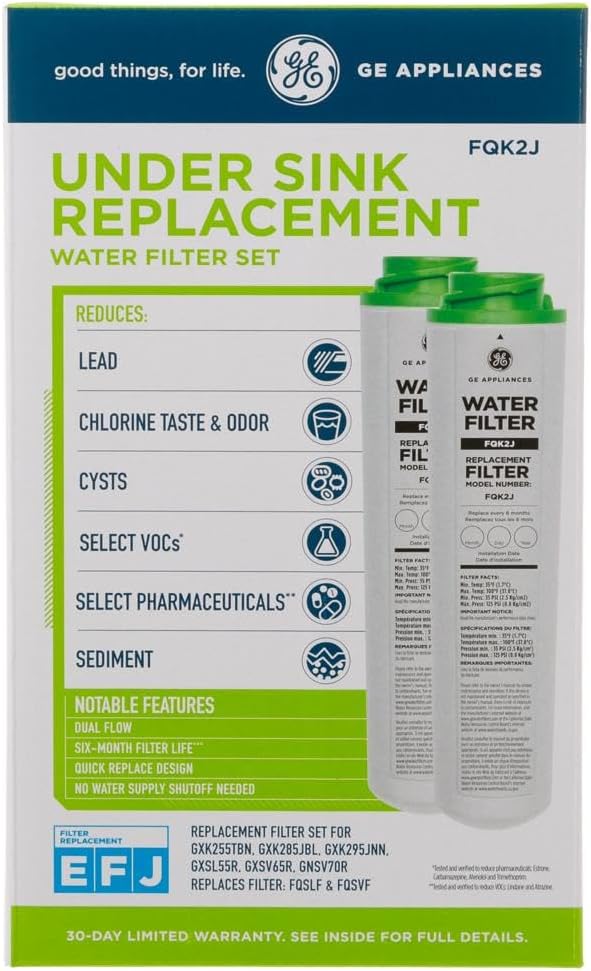 GE Under Sink Water Filter Replacement, Dual Flow, Reduces Sediment, Rust & Other Impurities from Water, Fits GXK255TBN Under Sink Filtration System, Replace Every 6 Months,FQK2J,2 Filters (Pack of 3)