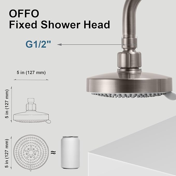 OFFO Shower Head, High Pressure Shower Head with 6 Mode, Fixed Showerheads for Strong Water Flow & Relaxing Shower Experience, Brushed Nickel