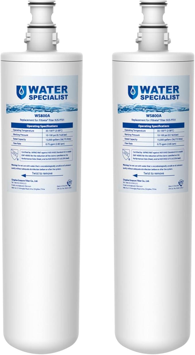 Waterspecialist 3US-PF01 3US-MAX-F01 Under Sink Water Filter, Replacement for Filtrete® 3US-PF01, 3US-MAX-F01H, Delta RP78702, Manitowoc K-00337, K-00338, HF20, HF25, HF27, NSF/ANSI 42, 2 Pack