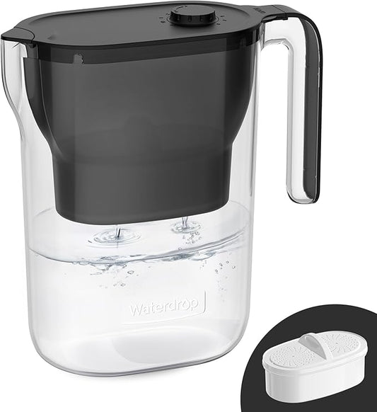 Waterdrop PT-05BL-L Water Filter Pitcher, 7-Cup, NSF Certified, 200-Gallon Long-Life Filter Purifier, Reduces Chlorine and PFOA/PFOS, for Countertop, Replaces 6,400 Plastic Water Bottles a Year, Black