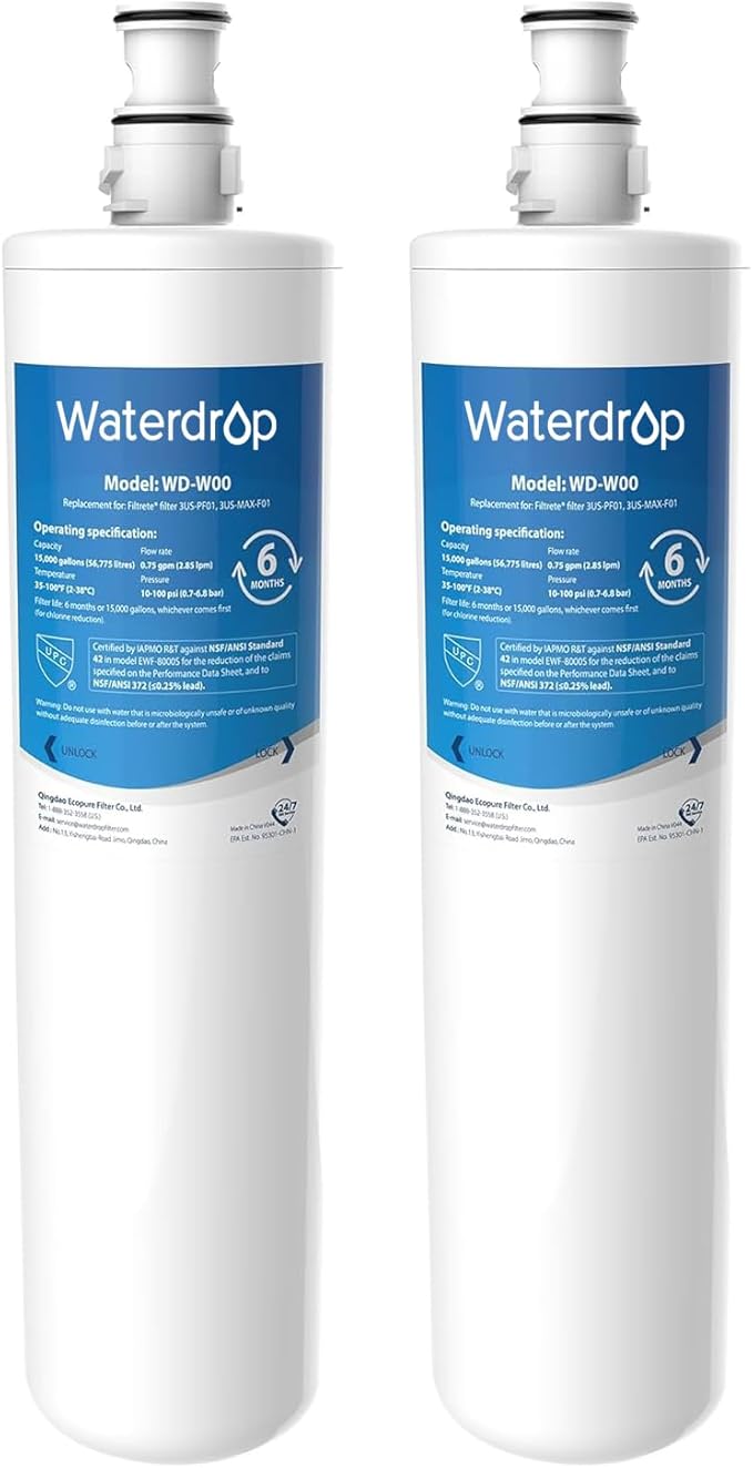 Waterdrop 3US-MAX-F01 3US-PF01 Under Sink Water Filter, Replacement for Filtrete® 3US-PF01, 3US-PS01, Maximum 3US-MAX-S01, Aqua-Pure C-Cyst-FF, Manitowoc K-00337 K-00338, NSF/ANSI 42 Certified, 2 Pack