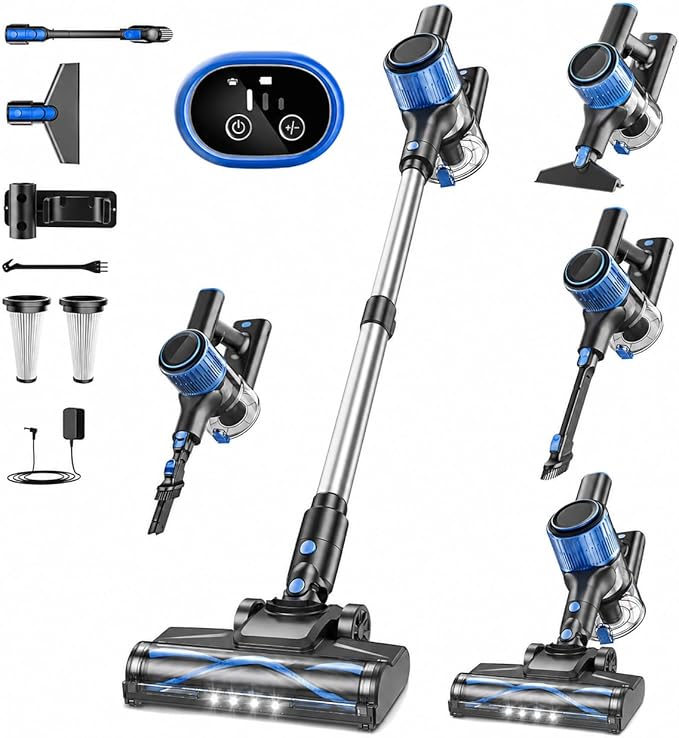 VOKENE Cordless Vacuum Cleaner, 8 in 1 Powerful Suction Lightweight Vacuum Cleaner for Home, LED Display, 3 Suction Modes, 45Mins Detachable Battery Vacuum for Hard Floor Carpet Pet Hair