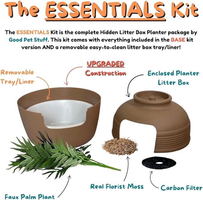 Good Pet Stuff Hidden Litter Box Planter, Decorative Cat Litter Enclosure with Carbon Filter & Faux Plant, Made in USA, Removable Liner, Odor Control, NEW Round Style, Essentials Kit, Chestnut Brown