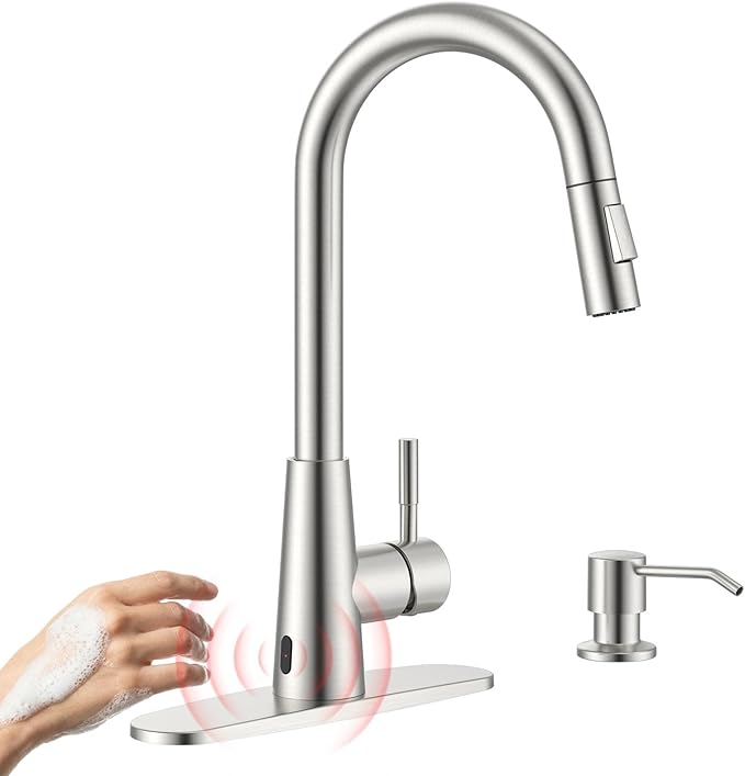 APPASO Touchless Kitchen Faucet with Soap Dispenser and Pull Down Sprayer 2 Modes, Brushed Nickel Motion Sensor Hands-Free Sink Faucets with cUPC Certified Water Hoses No Lead, S304 Stainless Steel