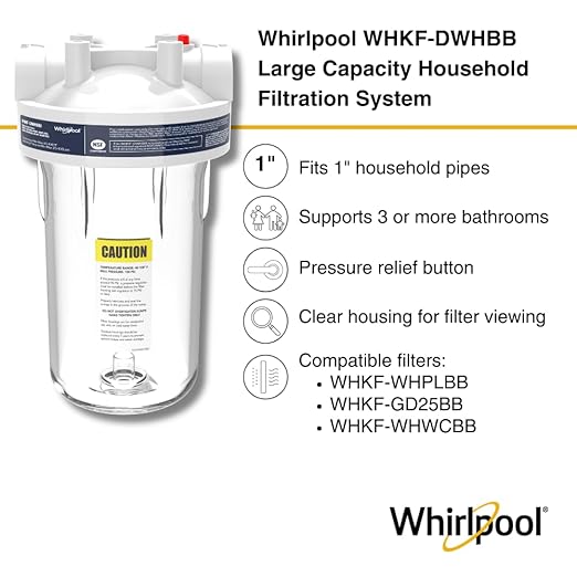 Whirlpool 10" x 4.5" Large Capacity Whole House Water Filter Housing WHKF-DWHBB, 1" Port, Home Water Pre-Filtration for Well and City Water, NSF Certified Reduces Sediment, Sand, Soil, Silt, and Rust
