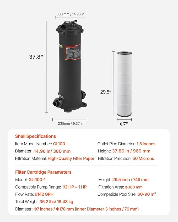 VEVOR 2026 Pro Pool Cartridge Filter System 100 Sq.Ft, Pool Filter for Inground & Above Ground Pools, Compatible W/Pumps 1/2HP~1HP | Up to 6142 GPH Max Flow, Pool Filters for Pools Up to 23775 Gallons