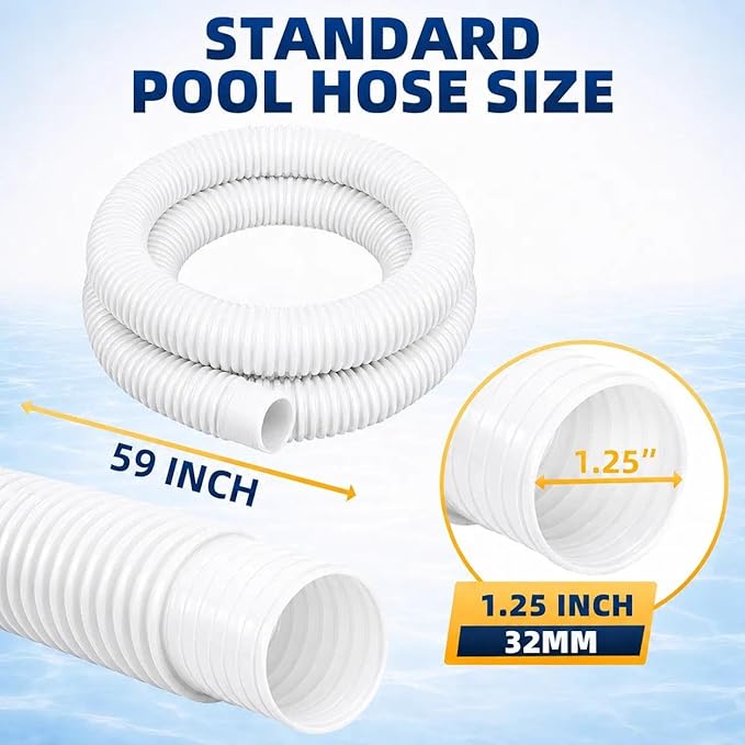 Replacement 1.25 Pool Hoses for Above Ground Pools, 1 1/4" x 59" Long, 1 Pack with 2 Metal Clamps (White)