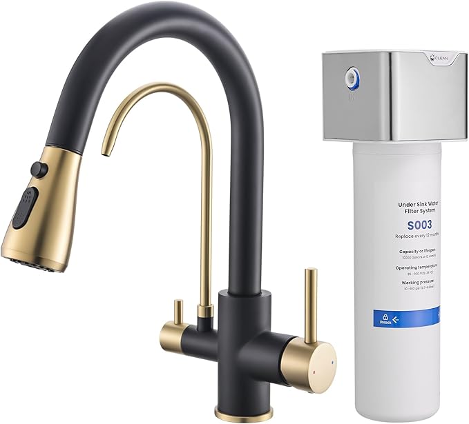 GIMILI Black and Gold 3 in 1 Kitchen Faucet with Under Sink Water Filter System, Reduces Lead, Chlorine, Bad Taste & Odor, Kitchen Sink Faucet with Drinking Water Faucet