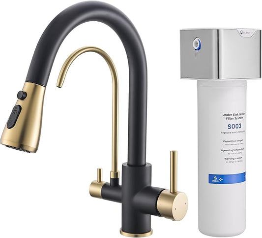 GIMILI Black and Gold 3 in 1 Kitchen Faucet with Under Sink Water Filter System, Reduces Lead, Chlorine, Bad Taste & Odor, Kitchen Sink Faucet with Drinking Water Faucet